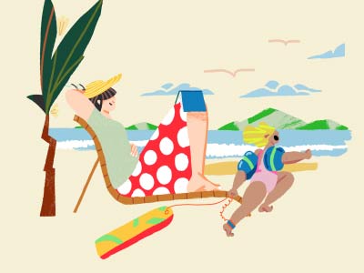 An illustration of a woman sitting on a beach relaxing while a child plays in the water