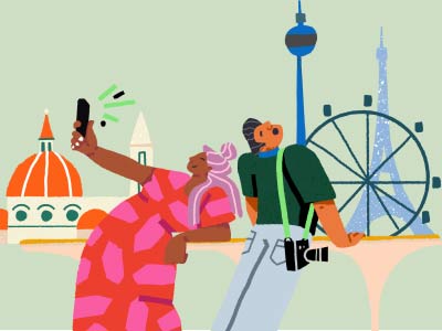 A cartoon illustration of two travellers in front of global icons